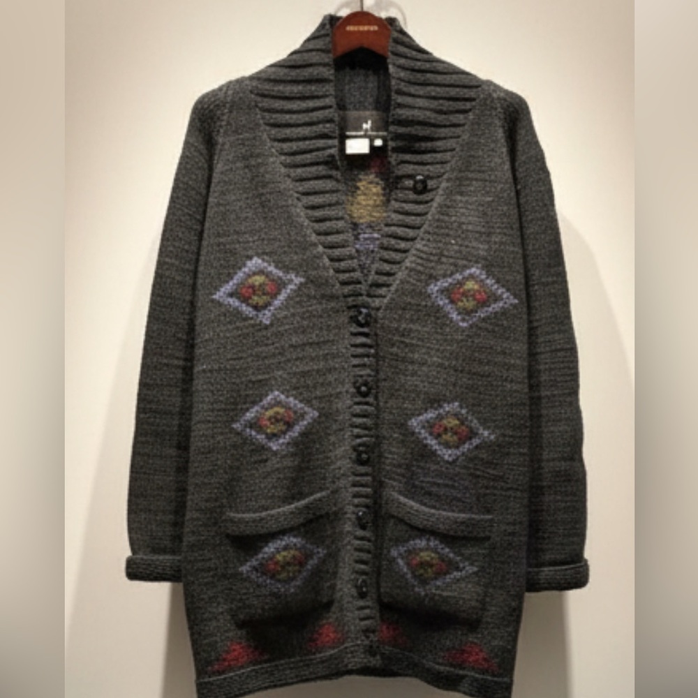 Peruvian Connection Dark Blue/ Gray 100 Wool Hand Knit heavy Cardigan